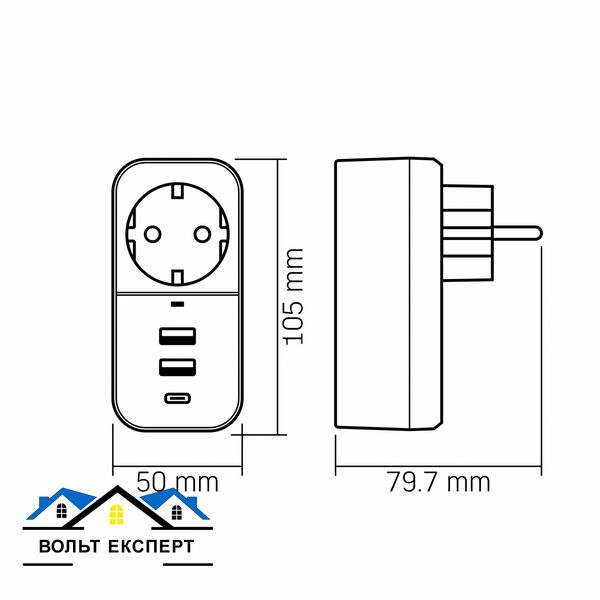 Мережевий адаптер VIDEX ONCORD з/з 1п 2.4A 2USB+USB-C чорний VF-AD1G2U1C-B фото