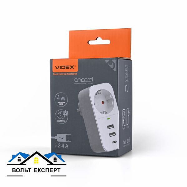 Мережевий адаптер VIDEX ONCORD з/з 1п 2.4A 2USB+USB-C білий VF-AD1G2U1C-W фото