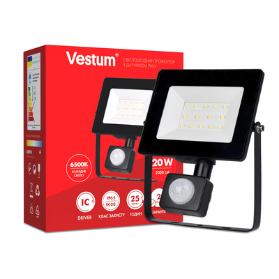 Світлодіодний прожектор з датчиком руху Vestum 20W 2 000Лм 6500K IP65 1-VS-3010 1-VS-3010 фото