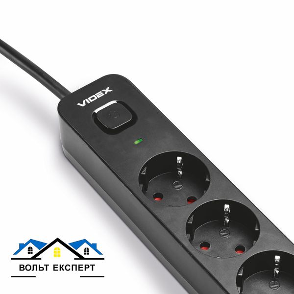 Мережевий подовжувач VIDEX ONCORD з/з 3п 3м (3x1.5мм) 2.4А 2USB+USB-C з кнопкою чорний VF-PD33G2U1C-B фото