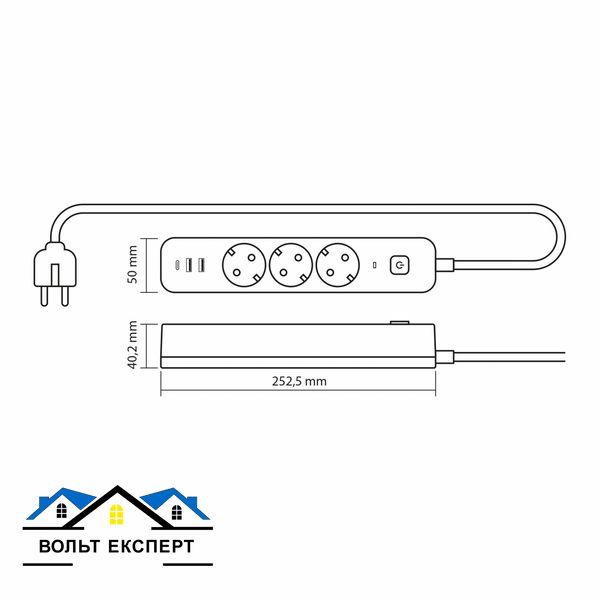 Сетевой удлинитель VIDEX ONCORD з/к 3п 3м (3x1.5мм) 2.4А 2USB+USB-C з кнопкою чорний VF-PD33G2U1C-B фото