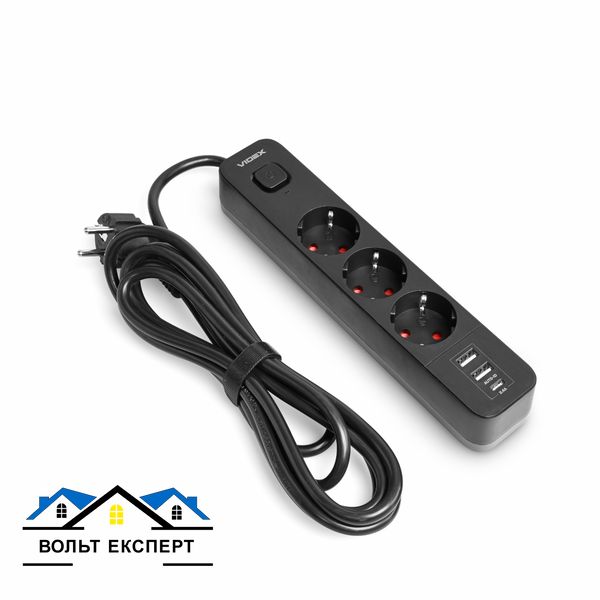 Сетевой удлинитель VIDEX ONCORD з/к 3п 3м (3x1.5мм) 2.4А 2USB+USB-C з кнопкою чорний VF-PD33G2U1C-B фото