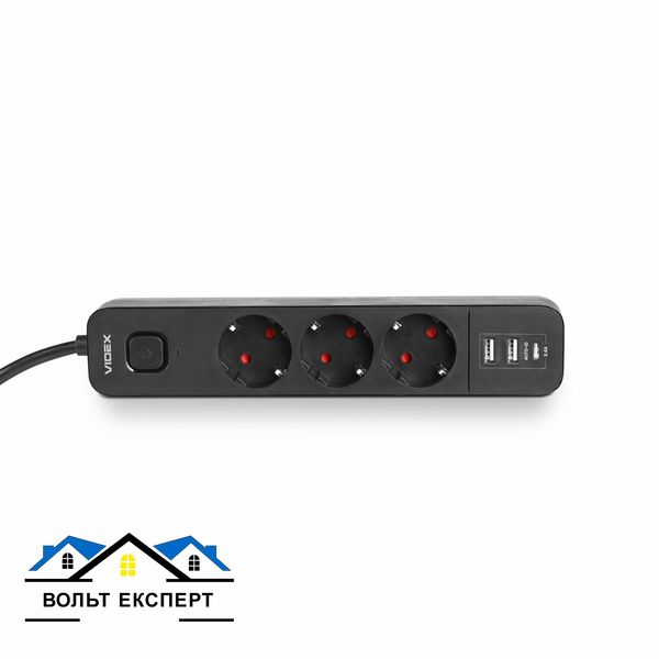 Сетевой удлинитель VIDEX ONCORD з/к 3п 3м (3x1.5мм) 2.4А 2USB+USB-C з кнопкою чорний VF-PD33G2U1C-B фото