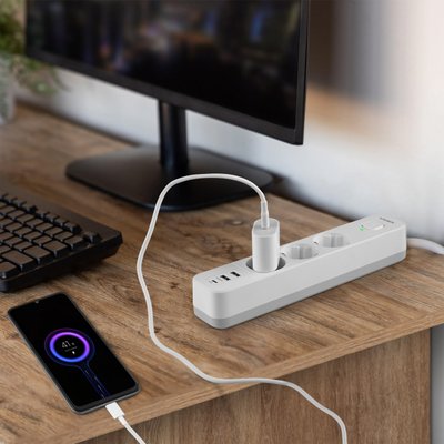 Мережевий подовжувач VIDEX ONCORD з/з 3п 3м (3x1.5мм) 2.4А 2USB+USB-C з кнопкою білий VF-PD33G2U1C-W фото