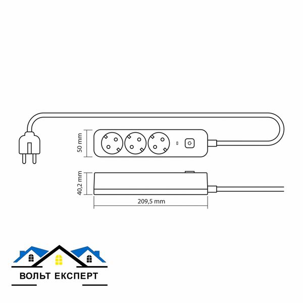 Мережевий подовжувач VIDEX ONCORD з/з 3п 3м (3x1.5мм) з кнопкою чорний VF-PD33G-B фото