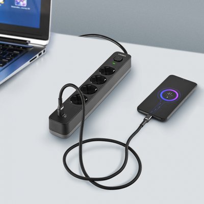 Сетевой удлинитель VIDEX ONCORD з\к 4 поста 4 метра 3.4А USB(QC3.0)+USB-C(PD18W) кнопка черный VF-PD43G1QC1PD-B фото