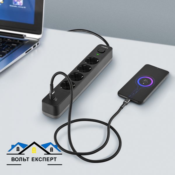 Сетевой удлинитель VIDEX ONCORD з\к 4 поста 4 метра 3.4А USB(QC3.0)+USB-C(PD18W) кнопка черный VF-PD43G1QC1PD-B фото