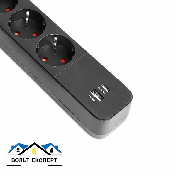 Мережевий подовжувач VIDEX ONCORD з/з 4п 3м (3x1.5мм) 3.4А USB(QC3.0) +USB-C(PD18W) з кнопкою чорний VF-PD43G1QC1PD-B фото