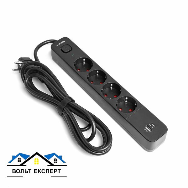 Мережевий подовжувач VIDEX ONCORD з/з 4п 3м (3x1.5мм) 3.4А USB(QC3.0) +USB-C(PD18W) з кнопкою чорний VF-PD43G1QC1PD-B фото