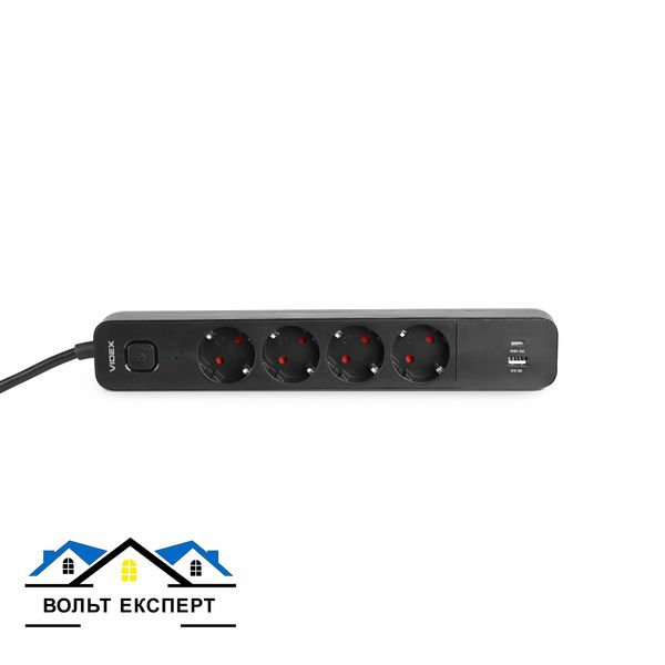 Сетевой удлинитель VIDEX ONCORD з\к 4 поста 4 метра 3.4А USB(QC3.0)+USB-C(PD18W) кнопка черный VF-PD43G1QC1PD-B фото