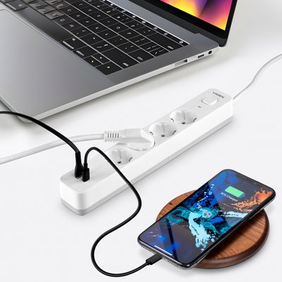 Сетевой удлинитель VIDEX ONCORD з\к 4 места 3 метра 3.4А USB(QC3.0)+USB-C(PD18W)кнопка белый VF-PD43G1QC1PD-W фото