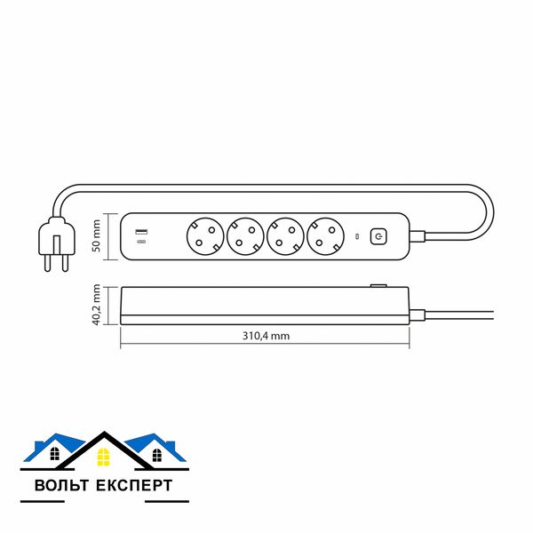 Мережевий подовжувач VIDEX ONCORD з/з 4п 3м (3x1.5мм) 3.4А USB(QC3.0) +USB-C(PD18W) з кнопкою білий VF-PD43G1QC1PD-W фото