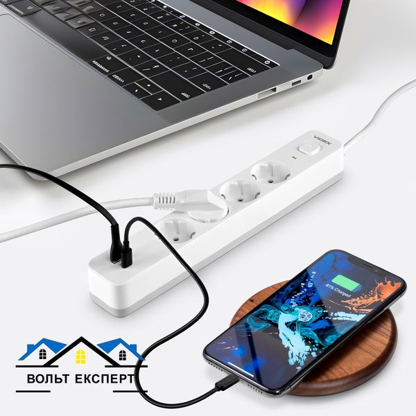 Сетевой удлинитель VIDEX ONCORD з\к 4 места 3 метра 3.4А USB(QC3.0)+USB-C(PD18W)кнопка белый VF-PD43G1QC1PD-W фото