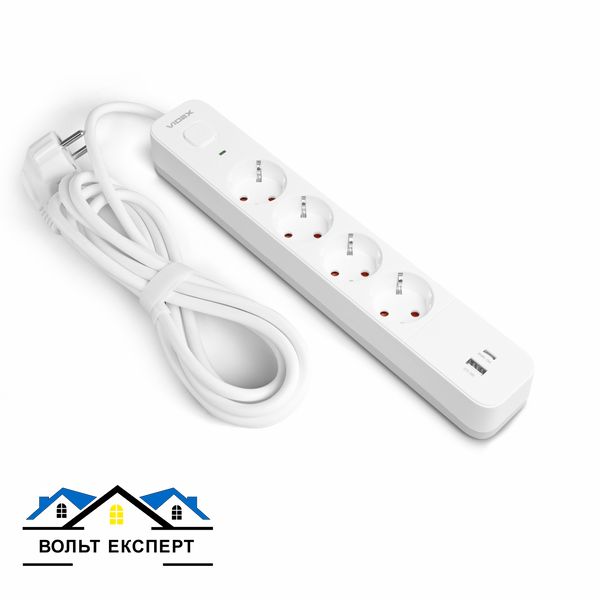 Мережевий подовжувач VIDEX ONCORD з/з 4п 3м (3x1.5мм) 3.4А USB(QC3.0) +USB-C(PD18W) з кнопкою білий VF-PD43G1QC1PD-W фото