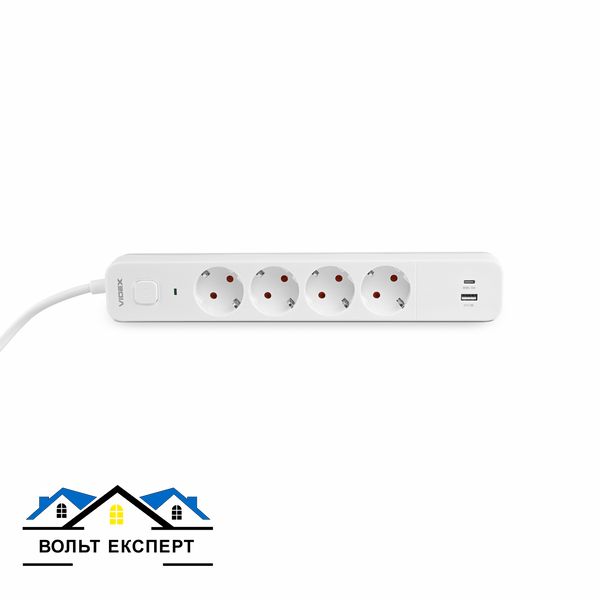 Мережевий подовжувач VIDEX ONCORD з/з 4п 3м (3x1.5мм) 3.4А USB(QC3.0) +USB-C(PD18W) з кнопкою білий VF-PD43G1QC1PD-W фото