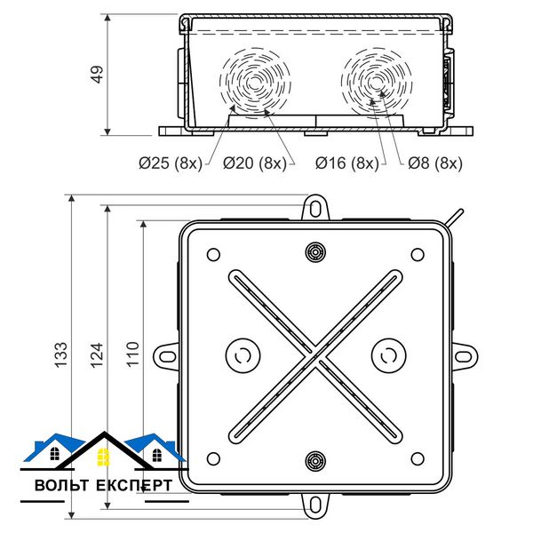 Коробка IP 54 для зовнішнього монтажу 110х110х52мм, свiтло-сiра 8135_KA фото